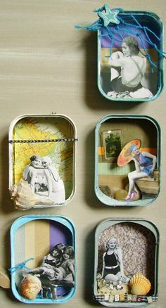 four miniature tin canisters with pictures in them