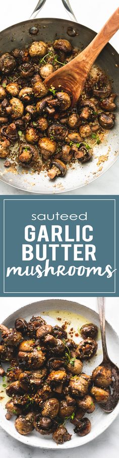 grilled garlic butter mushrooms in a skillet with a wooden spoon on the side