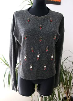 "gray sweatshirt, embroidery, stones, vintage, size 38, original gray sweatshirt, decorated with red, black,  transparent stones, length 54 cm/ 21,2 \", bust 50 cm / 19,7\" X 2, sleeve 50 cm 19,7\" , bottom width 54 cm/21,2\" x 2, cotton material." Embellished Long Sleeve Tops For Winter, Casual Long Sleeve Embellished Top, Embellished Casual Fall Sweatshirt, Embellished Casual Sweatshirt For Fall, Casual Embellished Fall Sweatshirt, Winter Embellished Long Sleeve Tops, Casual Embellished Long Sleeve Sweatshirt, Casual Long Sleeve Embellished Sweatshirt, Gray Embroidered Winter Tops