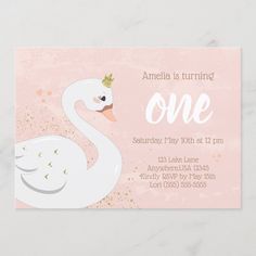 a pink birthday party card with a white swan on the front and gold glitters on the back