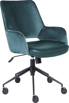 a green office chair with wheels and casteors on an isolated white background, front view