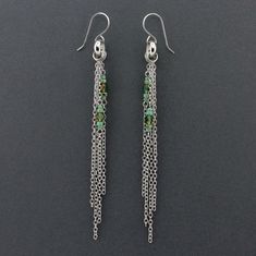 Long stainless steel dangle earrings with beaded chain fringes. ‣ shiny stainless chains and rings ‣ handmade, polished ear wires, made from 316L grade stainless steel ‣ fire-polished Czech glass beads in multicolor blue-green-brown ‣ Japanese glass seed beads in turquoise * LENGTH: 4" / 10.3 cm Click here to check out all items in the shop: www.etsy.com/shop/LianuDesign Chain Fringe, Rings Handmade, Boho Fringe, Fringe Earrings, Jewelry For Women, Czech Glass Beads, Green Brown, Beaded Chain, Ear Wires