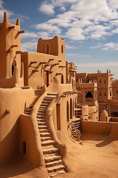 an adobe - style building in the desert with stairs leading up to it