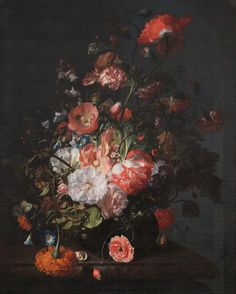 a painting of flowers in a vase on a table