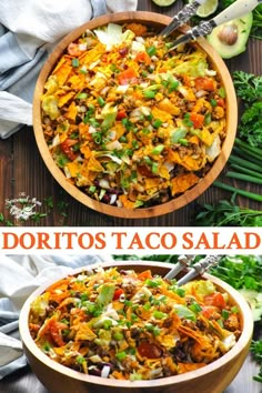 two pictures with different types of food in them and the words doritos taco salad