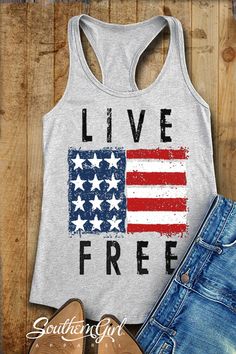 "Live Free American Flag Red White & Blue Racerback Tank. Show your Patriotic Pride with this tank, alone or layered perfect for music festivals, 4th of July and layered with any outfit for any time -Heather Grey Racerback Tank Top -60% Combed Ring-Spun Cotton 40% Polyester -30 single for extreme softness -Pre-shrunk for reduced shrinkage -Finished edge Measurements are taken lying flat  Available in Small thru XL  SMALL: Length- 28\" - Chest Width- 16\" across seam to seam MEDIUM: Length- 28 1/ Southern Girl, Live Free, Tank Girl, Music Festivals, Tees For Women, Country Outfits, Print Tank, Summer Tops, Racerback Tank