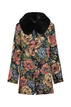 The Monarch Coat is a floral tapestry coat with a lush faux fur collar. Featuring bespoke floral artwork, structured shoulder seams, and a silhouette that reaches the hips. Style this coat with a black dress, stockings, and heels for an elegant evening look. The Monarch Coat is the sister style of the Monarch Cropped Jacket. Size & Fit– Standard fit– Model is 182cm / 5'11" tall, size 8 AU / 4 US and wearing size S– See size guide above for garment measurements Tapestry Coat, Structured Shoulder, The Monarch, Belted Cardigan, Yoko London, Five Points, Floral Tapestry, Floral Artwork, Jacket Pattern