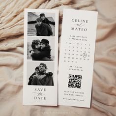 two wedding save the dates cards laying on top of a bed