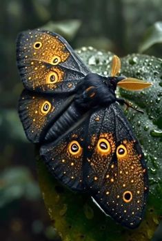 two butterflies sitting on top of a green leaf covered in raindrops and water droplets