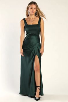 Emerald Satin Dress - Maxi Dress - Draped Maxi Dress - Slit Maxi - Lulus Square Neck Satin Dress, Wedding Guest Dress Black Tie, Black Tie Wedding Guest Dresses, Bridesmaids Styles, Green Wedding Guest Dresses, Affordable Formal Dresses, Black Tie Wedding Guest, Square Neck Maxi Dress, Black Tie Wedding Guest Dress