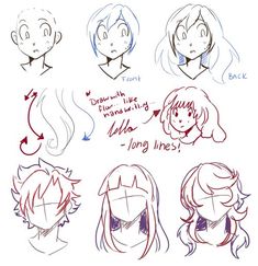 some sketches of different faces and hair styles for the character's head, from front to back