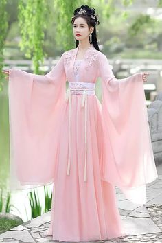 Pink Lace Embroidery Women's Sweet Hanfu Dress Full Set – LolitaInside Cross Hanfu Dress, Luxury Traditional Dress With Self Design, Pink Celtic Dress, Princess Hanfu Dress, Wmmap Dresses, Ancient Chinese Clothing Woman, Hanfu Robe, Long Fairy Dress, Classical Dance Costume