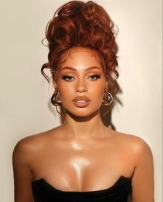 Photoshoot Ideas Red Hair, 90s Fashion Hollywood, Ginger Makeup Looks Black Women, Shyla Walker Hair Red, Cowboy Copper Hair On Black Women, Black Woman French Roll, Black Natural Hair Wedding Hairstyles, Makeup With Ginger Hair, Popular Black Hairstyles