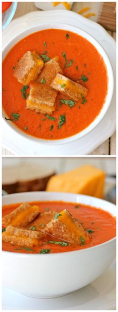 two pictures of tomato soup with croutons and parmesan cheese on top