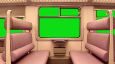 two pink seats sitting next to each other in front of a green screen on a train