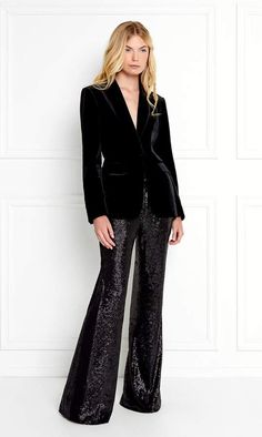 Blue Dress Pants Women Work Outfits, Sequin Blazer Outfit, Velvet Blazer Outfit, Tuxedo Women, Cocktail Outfit