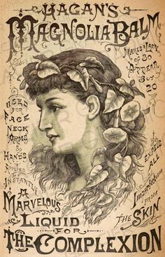 an old poster with a woman's face and flowers in her hair on it