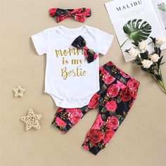 Baby Girls Letter Printed Floral Bow Short Sleeve Romper & Pants & Headband Baby clothes Cheap Wholesale - PrettyKid Cheap Baby Clothes, Headband Outfit, Summer Baby Clothes, Girl Sleeves, Cotton Outfit, Baby Skirt, Floral Print Pants