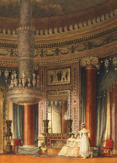 a painting of a fancy room with chandelier