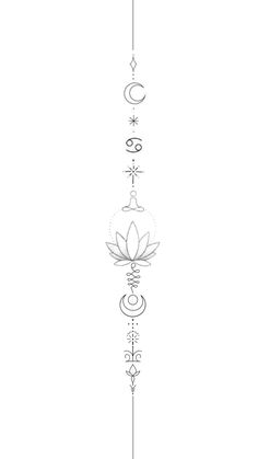 a line drawing of the seven chakras with symbols on each side and an arrow at the top