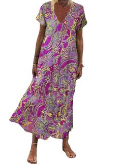 V-neck Short Sleeve Long Dress for Women Multicolor Flowy V-neck Dress, Multicolor Short Sleeve V-neck Dress, Bohemian V-neck Shift Maxi Dress, Short Sleeve Long Dress, Summer Vacation Dress, Long Dress For Women, Sleeve Long Dress, School Season, India And Pakistan