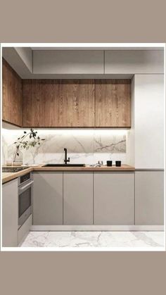 a kitchen with marble counter tops and wooden cabinets