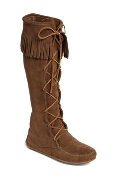 A fringed cuff tops a hand-sewn boot finished with rawhide laces. Approx. boot shaft height: 17 1/2"; 15" calf circumference Suede upper/leather lining/rubber sole. By Minnetonka; imported of domestic materials. BP. Shoes. Dusty Brown, Moccasins Women, Cuffed Top, Moccasin Boots, Boot Style, Women Boots, Book Ideas, Brown Suede, Brown Boots