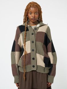 Shop our patchwork knit cardigan. Featuring a colorblock in brown, green and beige. Distressed knit details, oversized fit, spread collar, front button placket, long sleeves and made from 100% cotton. Model wears size M and is 170 cm | 5'6" tall. Oversize Cardigan Knitting Pattern, Crochet Cardigan Tutorial, Chunky Yarn Crochet, Distressed Knit, Minga London, Patchwork Knit, Slouchy Cardigan, Patchwork Cardigan, Earthy Outfits