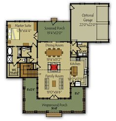 the first floor plan for a house with two master suites and an open concept kitchen