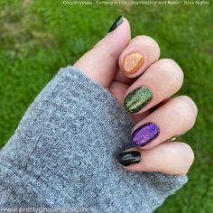 2 Colors Nails, Multi Color Halloween Nails, Halloween Nail Colors Gel, Simple Hocus Pocus Nails, Purple Chrome Halloween Nails, Halloween Shellac Nails, Hocus Pocus Nail Ideas, Wicked Nail Designs, Colorstreet Halloween Combos