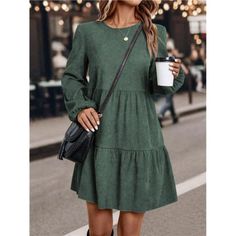 -Item Id 27795127 -Details: Ruffle Hem -Neckline: Round Neck -Sleeve Type: Bishop Sleeve -Style: Casual, Cute -Type: Smock -Waist Line: High Waist -Hem Shaped: Flounce -Color: Dark Green -Pattern Type: Plain -Sleeve Length: Long Sleeve -Length: Short -Fit Type: Regular Fit -Fabric: Non-Stretch -Material: Woven Fabric -Composition: 100% Polyester -Care Instructions: Machine Wash Or Professional Dry Clean -Sheer: No **Open To Offers!!!** **Bundle To Save More** **30% Off Bundles Of 2 Or More Items Fall Dresses Casual, Cute Fall Dresses, Green Long Sleeve Dress, Sukienki Plus Size, Casual Maternity, Tiered Ruffle Dress, Lantern Sleeve Dress, Long Sleeve Casual Dress, Solid Color Dress