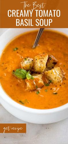 Image of a bowl of creamy tomato basil soup, a healthy fall soup made using the slow cooker, instant pot, or stove top. Soup Fall, Tomato Basil Soup Recipe, Creamy Tomato Basil Soup, Parmesan Soup, Hidden Vegetables, Fall Soup, Basil Soup, Tomato Basil Soup, Lasagna Soup