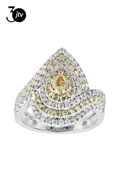 Park Avenue Collection�� 0.30ct pear shaped natural yellow center stone surrounded by 1.20ctw round natural yellow and white diamond, rhodium over 14k white gold center design ring. Measures approximately 1/4"L x 13/16"W and is sizeable. 14k yellow gold enhanced prongs around the yellow diamonds. Ring Spacer, Yellow Diamonds, School Jewelry, Popular Jewelry, Park Avenue, Yellow Diamond, Turquoise Jewelry, Jewelry Making Beads, White Diamond