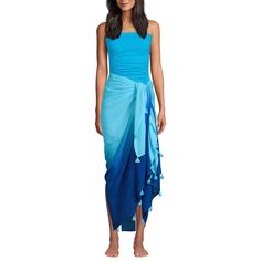 This drapey, lightweight and colorful sarong is the perfect addition to your swim look. With decorative tassels for a touch of playfulness, you’ll love finding different ways to wrap and tie it, for multiple looks in one. Sleeveless Tassel Swimwear For Beach, Summer Blue Swimwear With Tassels, Summer Tassel Swimwear For Pool, Beachwear Cover-up With Tassels For Pool, Blue Tasseled Swimwear For Poolside, Summer Tassel Tie-side Swimwear, Blue Tasseled Swimwear For The Beach, Blue Tasseled Swimwear For Beach, Summer Swimwear With Tassels For Pool