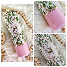 three pictures of a pink and green tube with pine trees on it, surrounded by wooden beads