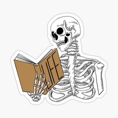 a skeleton reading a book with the word life on it's cover sticker