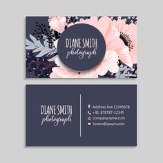 a business card with flowers and leaves on the front, in navy blue and pink colors