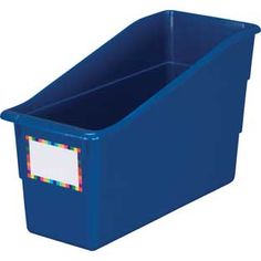 a blue plastic container with a label on it