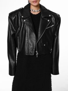 An oversized vegan leather biker jacket in cropped style. Unbalanced diagonal zip through front with silver button details on wide collar. Model is in size MINUSEY ONE SIZE. ✔️ Free worldwide express shipping over $100✔️ Loved by 6,500+ customers✔️ Limited edition collections, maximum style⠀⠀⠀⠀⠀⠀⠀⠀⠀Stay ahead of the trend with can’t-find-anywhere-else staples. Your closet will thank you 💕 * MINUSEY ONE SIZE = EU 34-38, US 2-6* 100% PU Leather* Dry clean* Made in Korea - Model Height: 172cm/5'7" (US 2, EU 34) Edgy Cropped Leather Outerwear, Biker Cropped Jacket With Zipper Closure, Edgy Biker Jacket With Asymmetrical Zip For Streetwear, Biker Style Cropped Outerwear With Zipper, Biker Style Cropped Jacket With Zipper, Cropped Biker Outerwear With Zipper Closure, Edgy Cropped Biker Jacket With Zipper, Edgy Leather Cropped Jacket, Edgy Leather Jacket With Asymmetrical Zip For Streetwear