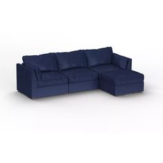 a blue sectional sofa with pillows on the top and bottom, sitting in front of a white background