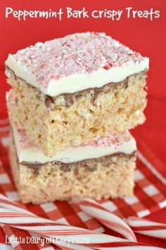 two pieces of peppermint bark crispy treats stacked on top of each other