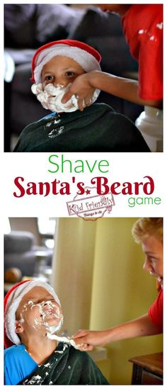 two pictures with santa's beards on them and the same child shaving his face