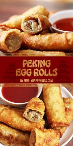 fried egg rolls on a plate with dipping sauce