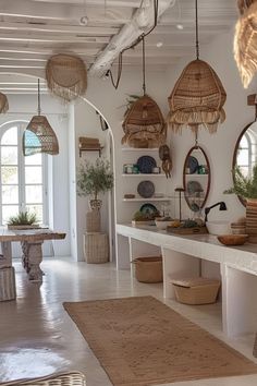 a room filled with lots of wicker hanging from the ceiling and mirrors on the wall