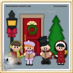 christmas carols clipart with three children in front of a red door