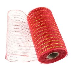 two rolls of red and gold mesh on white background, one roll is rolled up