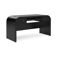 an office desk with a black finish on the top and bottom section, in front of a white background