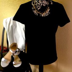 This Adorable Top Is Perfect For On The Job Or With Jeans For The Weekend. It Is Stretchy And Has A Flattering Look To It. It Is A Great Wardrobe Essential. The Measurements Are In The Photos. Black Scoop Neck Top For Work, Elegant Black T-shirt For Night Out, Black Shorts, The Weekend, Wardrobe Essentials, Scoop Neck, Womens Tops, Tops & Tees, Wardrobe