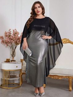 Shiny Chiffon Cape Dress, Elegant French Style Bodycon Mermaid Dress For Plus Size Women, Elegant Luxury Fitted Cocktail & Party Dresses, For Evening Party/Wedding Guest/Anniversary Black Party  Long Sleeve Knitted Fabric Plain Fitted Slight Stretch  Women Plus Clothing, size features are:Bust: ,Length: ,Sleeve Length: Bodycon Mermaid Dress, Wedding Guest Skirt, Dress For Plus Size Women, Dress For Plus Size, Chiffon Cape, Style Français, Cocktail Party Dresses, 파티 드레스, Cape Dress