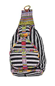 a black and white striped backpack with multicolored stripes on the front, zippers at the bottom